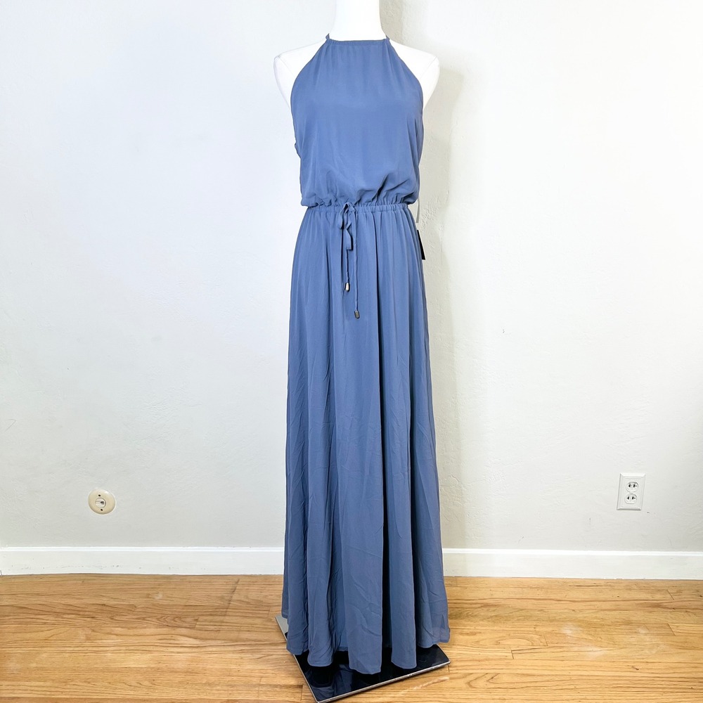 Lulus Maxi Dress Be Mellow Size Large Blue Chiffon Halter Tie Waist New
